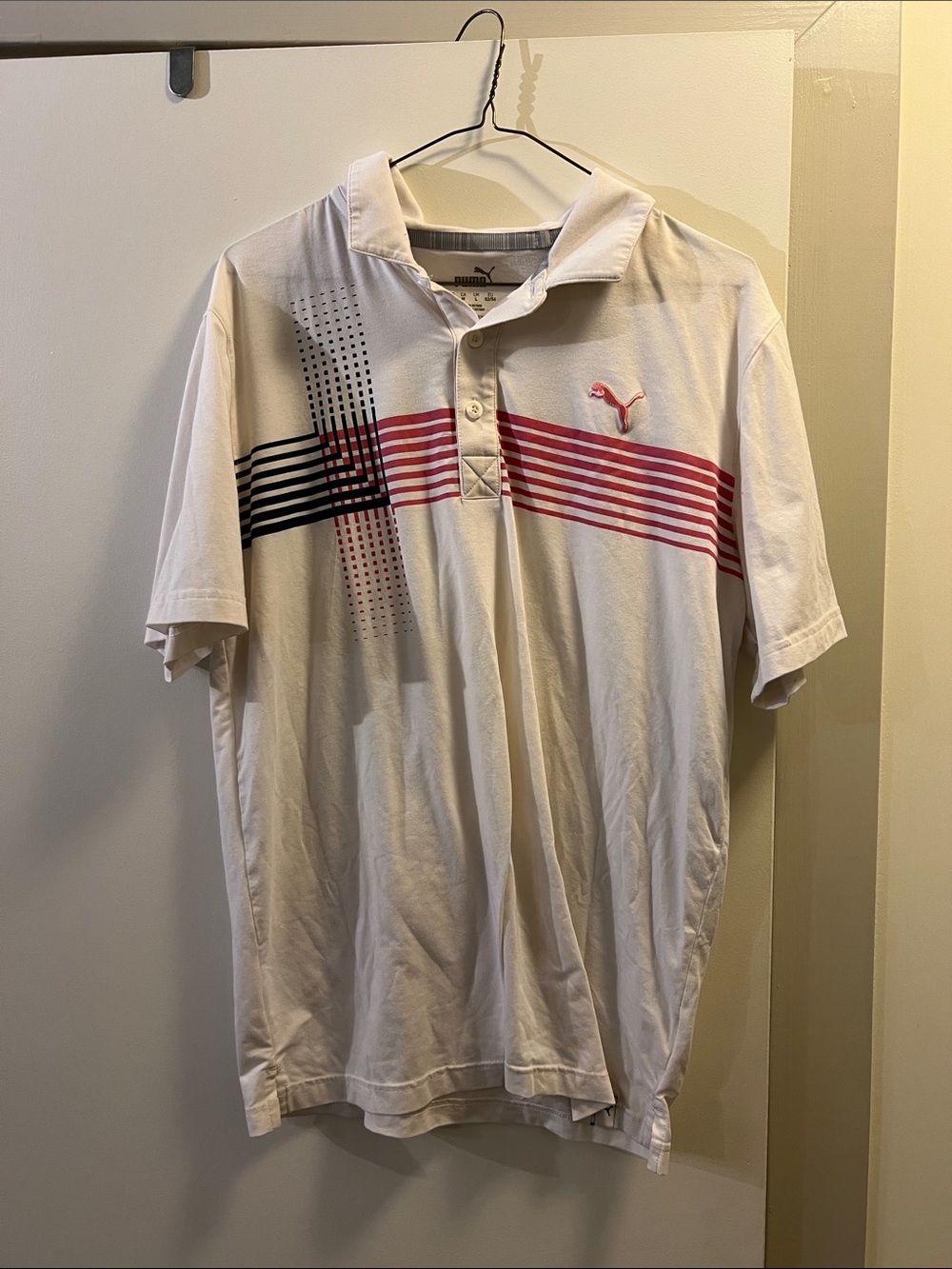 Puma White Polo with Red and Black Graphic Stripes